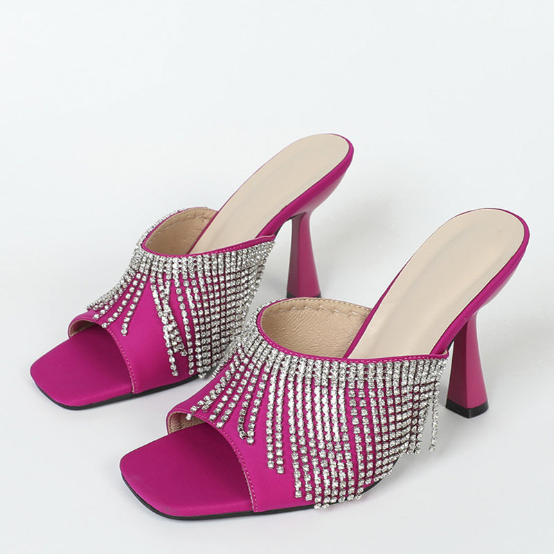 Rhinestone Square Head Satin High Heel Sandals