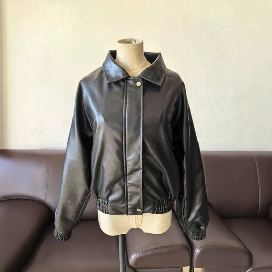 Zipper And Lapel Long Sleeve Loose All-matching Fleece-lined Cropped Leather Coat