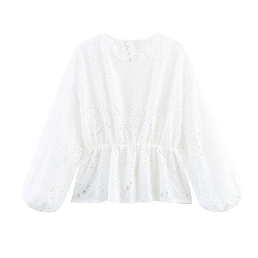 Women's Embroidered Lantern Sleeve Waist-controlled Top