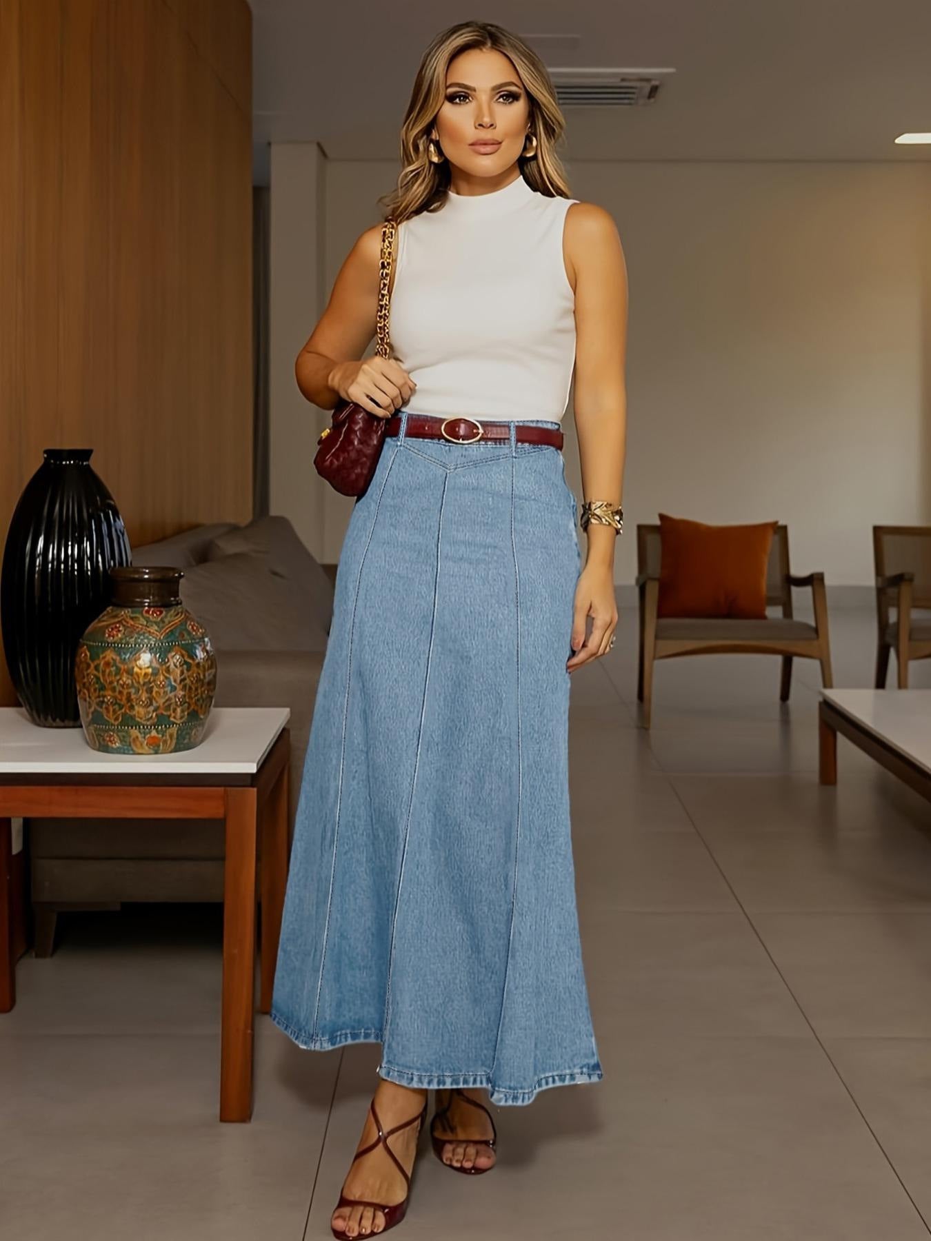 Women's Low-stretch High-waisted Denim Skirt