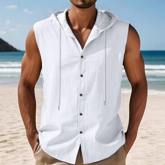 Mens Sleeveless Linen Hooded Shirt