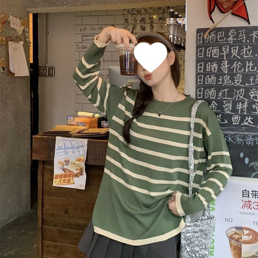 Idle Style Retro Striped Crew Neck Long Sleeves Knitwear