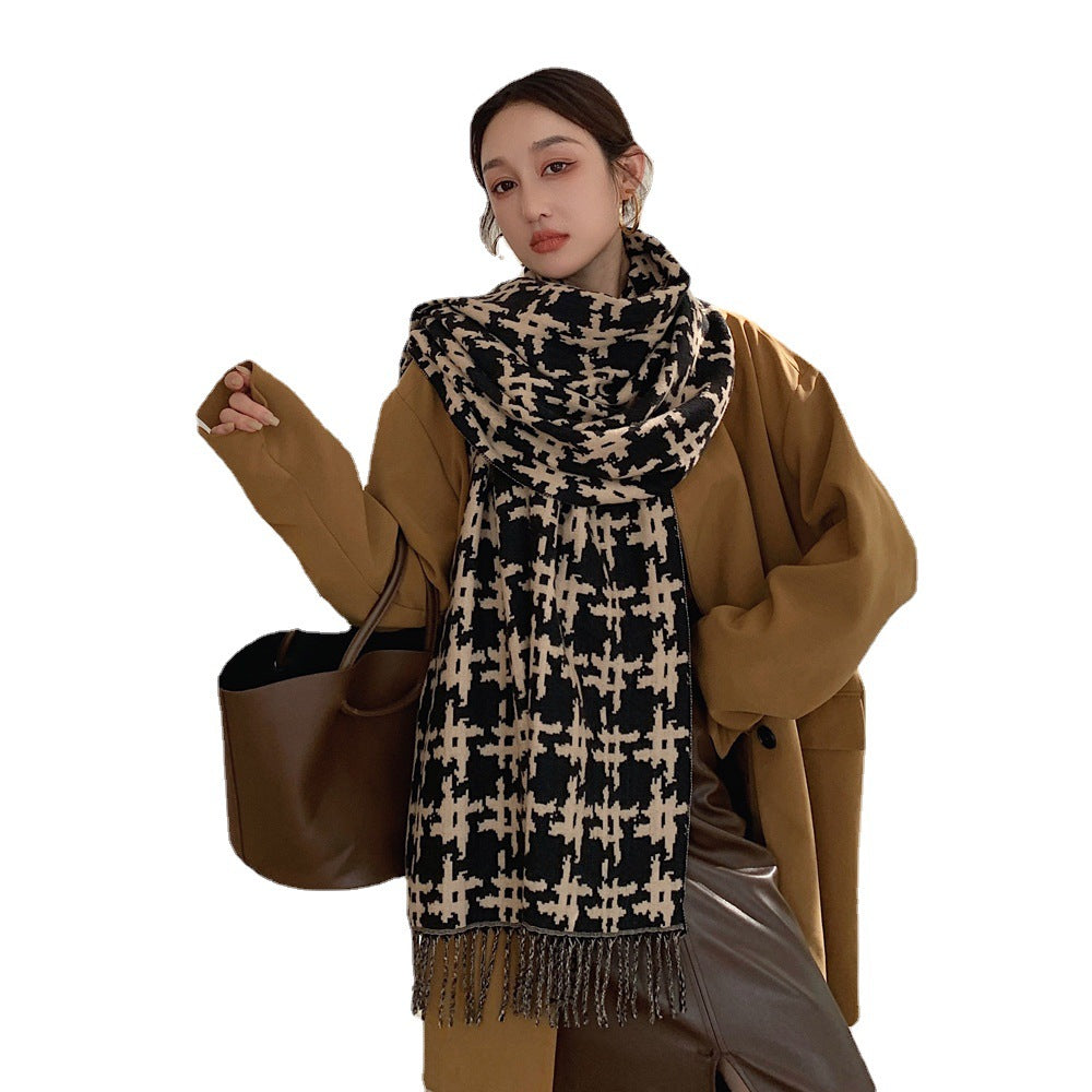 Long Fringed Thick Houndstooth Large Shawl Women Long Temperament Warmth Scarf