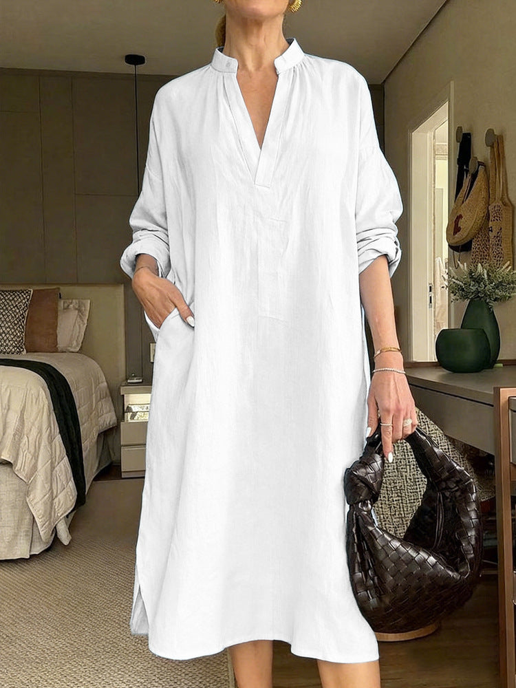 Womens Retro Cotton-Linen Long-Sleeve V-Neck Pocket Dress
