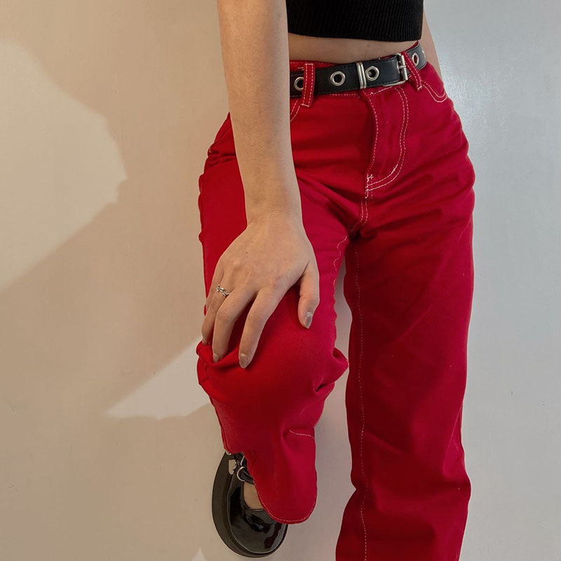 Nye ensfarvede retro amerikanske streetwear højtaljede lige fritidsbukser