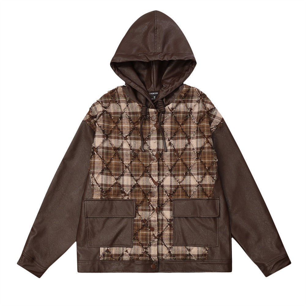 Fake Two-piece PU Leather Stitching Contrast Color Coat