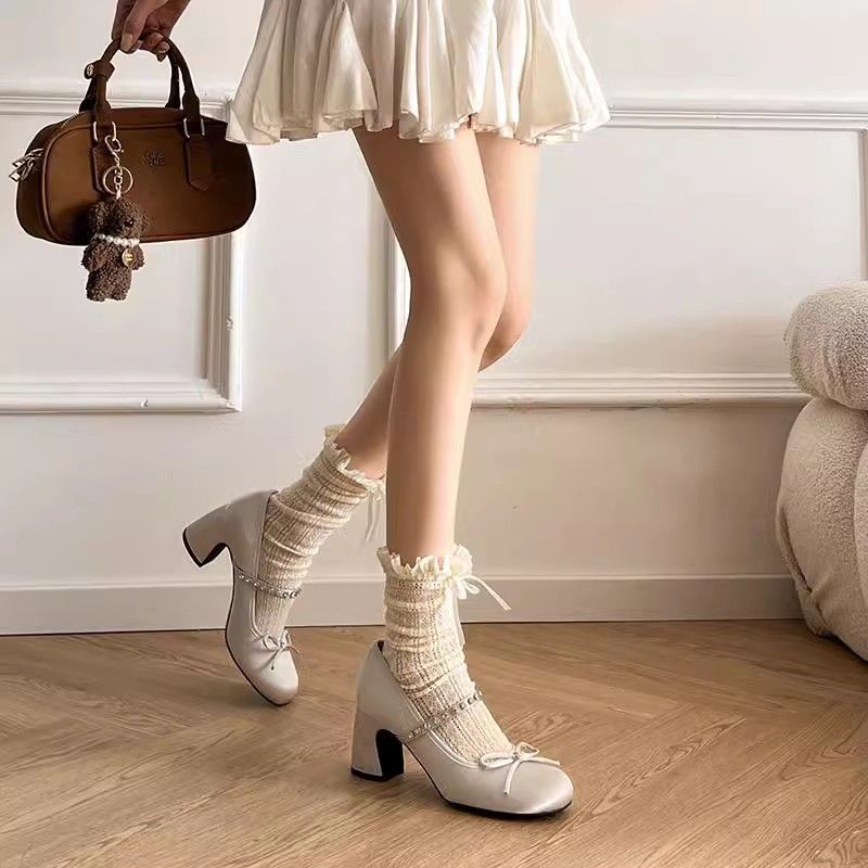 New Single Layer Gentle Bow French Round Head Low-cut Rhinestone Word With Mary Jane Shoes