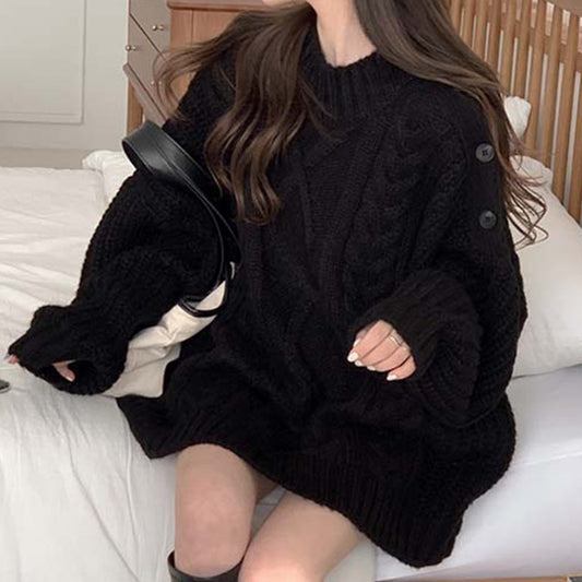 Side Button Hemp Pattern Design Loose Long Sleeve Knitted Sweater