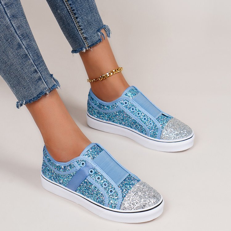 Cross-border Large Size Casual Flat Heel Low-top Color Matching Round Head Sequins Canvas Shoes