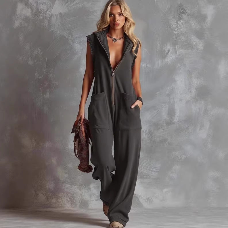 Womens Retro Hooded V-Neck Zip-Up Jumpsuit