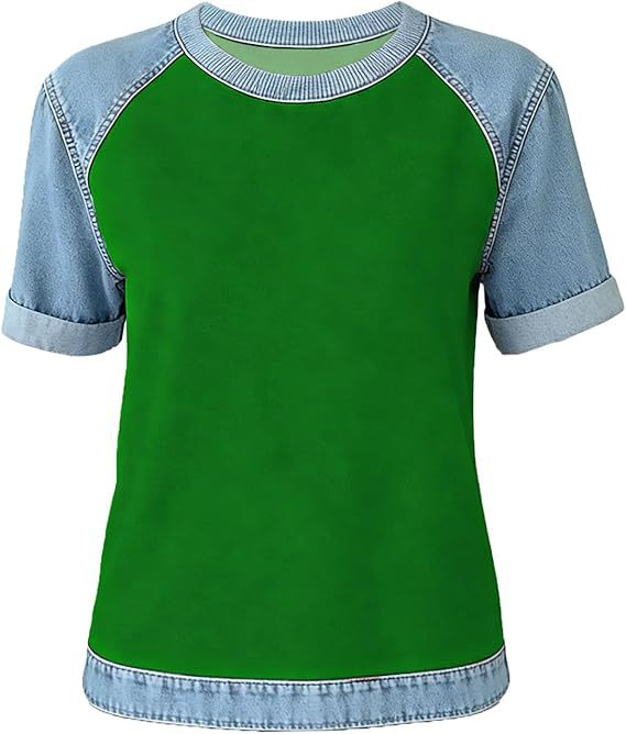 Denim Patchwork Crew Neck Short-sleeve Loose Casual Everyday Versatile