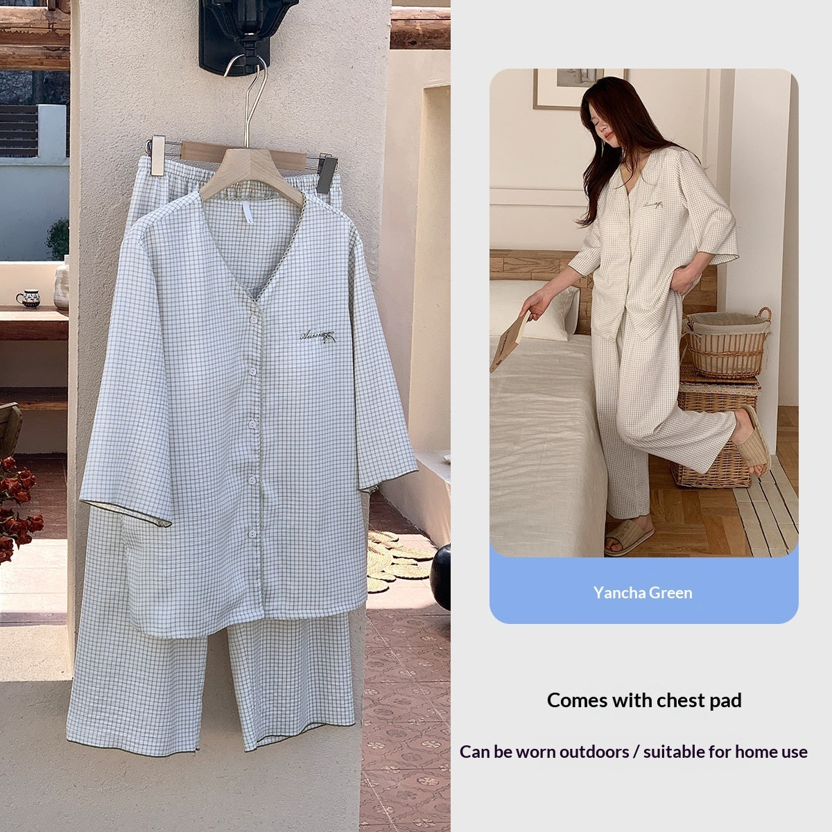 Cloud Cotton Plaid Homewear Womens Padded V-Neck Three-Quarter Sleeve Pants Outerwear-Ready Pajama Two-Piece Set