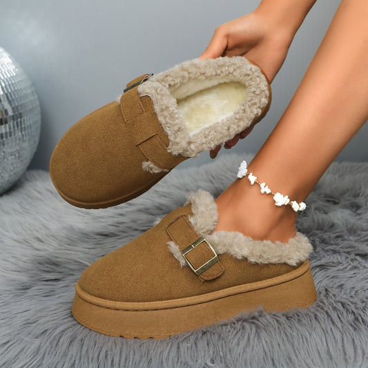 Platform Fluffy Shoes Round Head Warm With Velvet Casual Cotton-padded Shoes