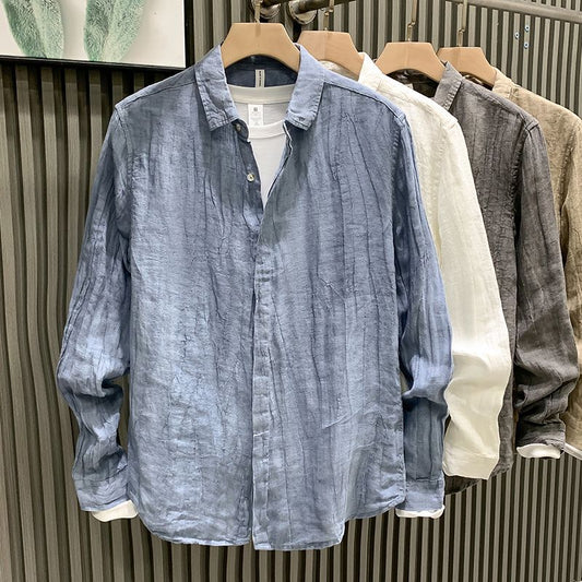 Men's High-End Linen Pleated Long-Sleeve Shirt