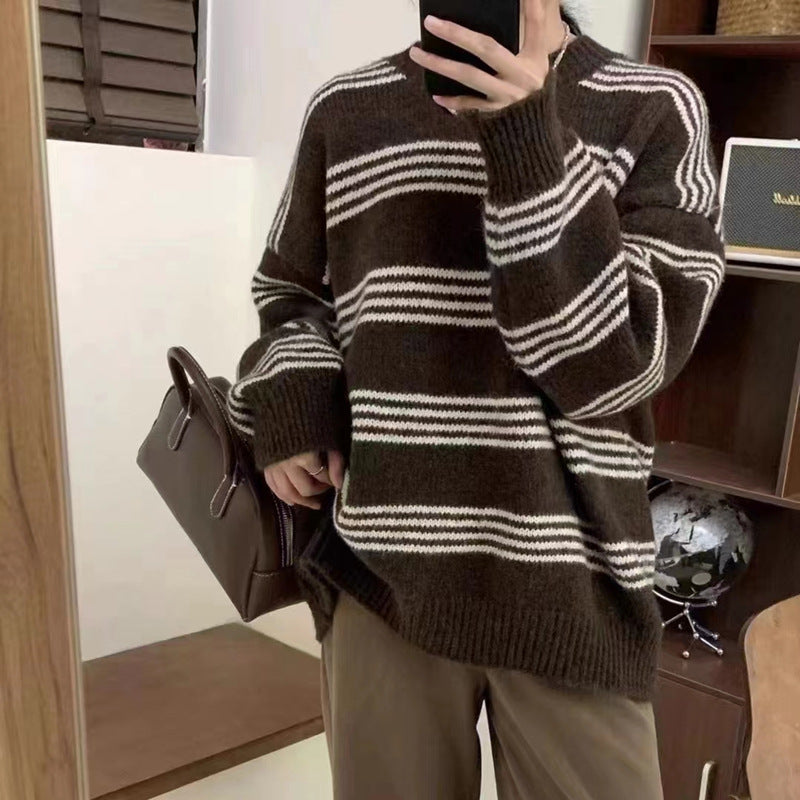 Outer Wear Inner Wear Idle Style Round Neck Long Sleeve Top Stripes