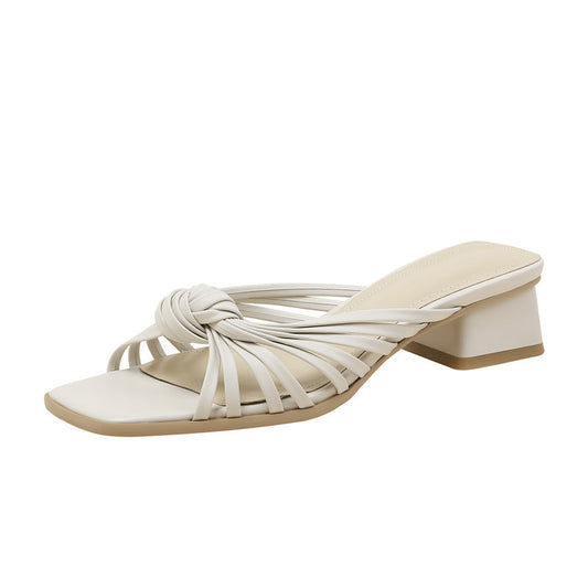 French Vintage Weave Square Toe Toe Cutout Sandals