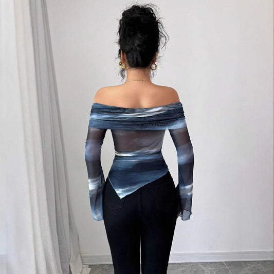 Strikket Mesh Printet Off-shoulder Krave Langærmet Figursyet T-shirt