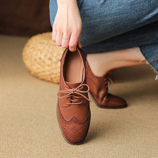 Womens British-style Lace-up Low-heeled Peep-toe Shoes