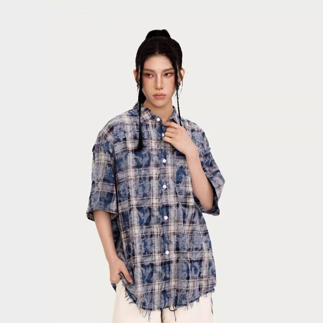 American Tie-dye Short Sleeve Plaid Shirt Design Sense