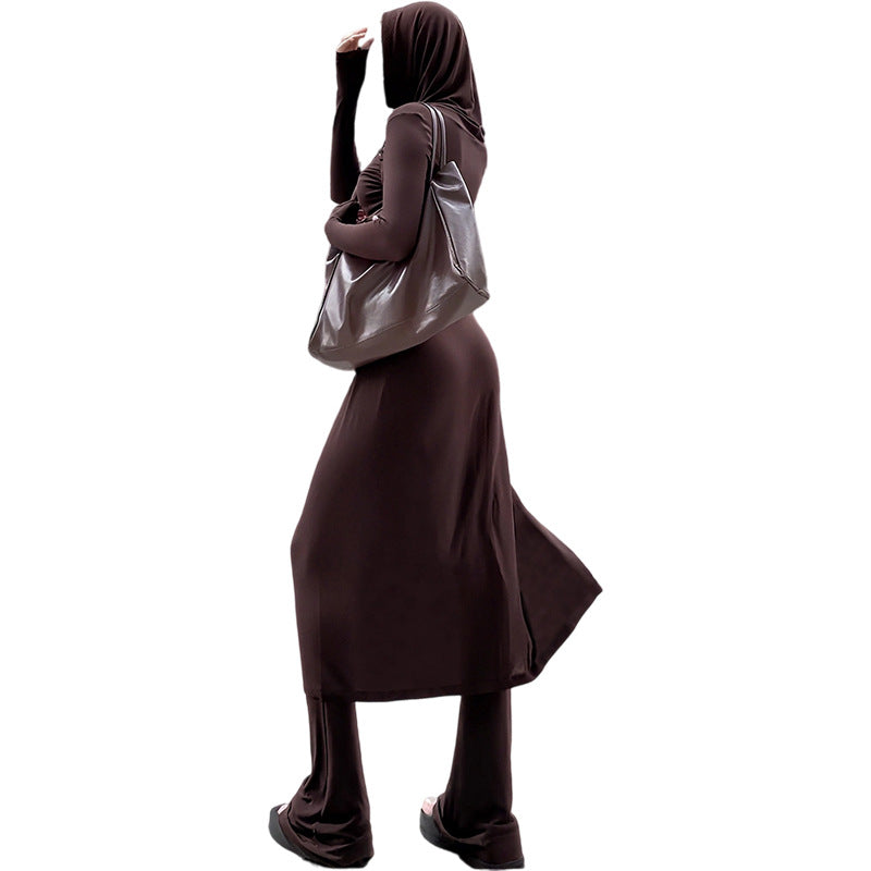 Fashionable Solid-Color Hooded Long-Sleeve Top And Slim-Fit Flared Pants Set