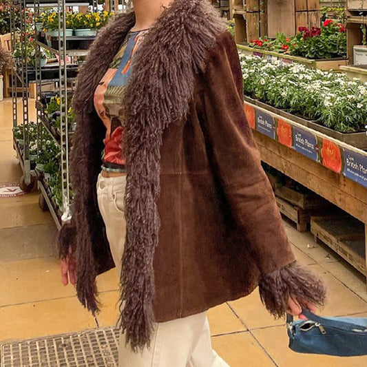 Women's Plush Stitching Cardigan Long-sleeved Jacket