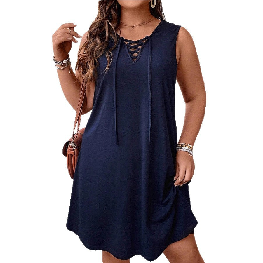 Lace-up Loose Sleeveless Vest Dress Casual Front Tie Design