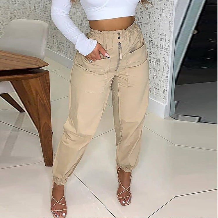 Cross-Border New Product Amazon Wish Casual Pants Waist Elastic High Waist Women's Trousers Solid Color Overalls