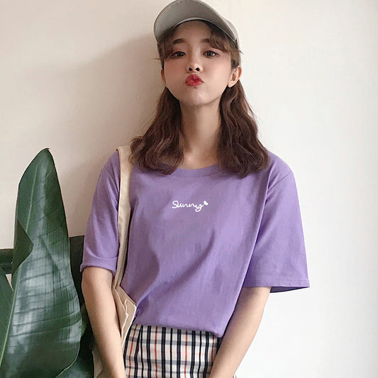 Letter Printed Cotton Half Sleeve Bottoming T-shirt