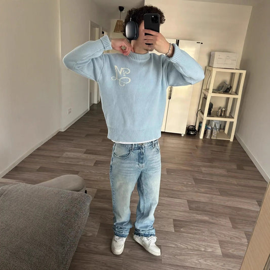 Mens Embroidered Loose Crew Neck Sweater