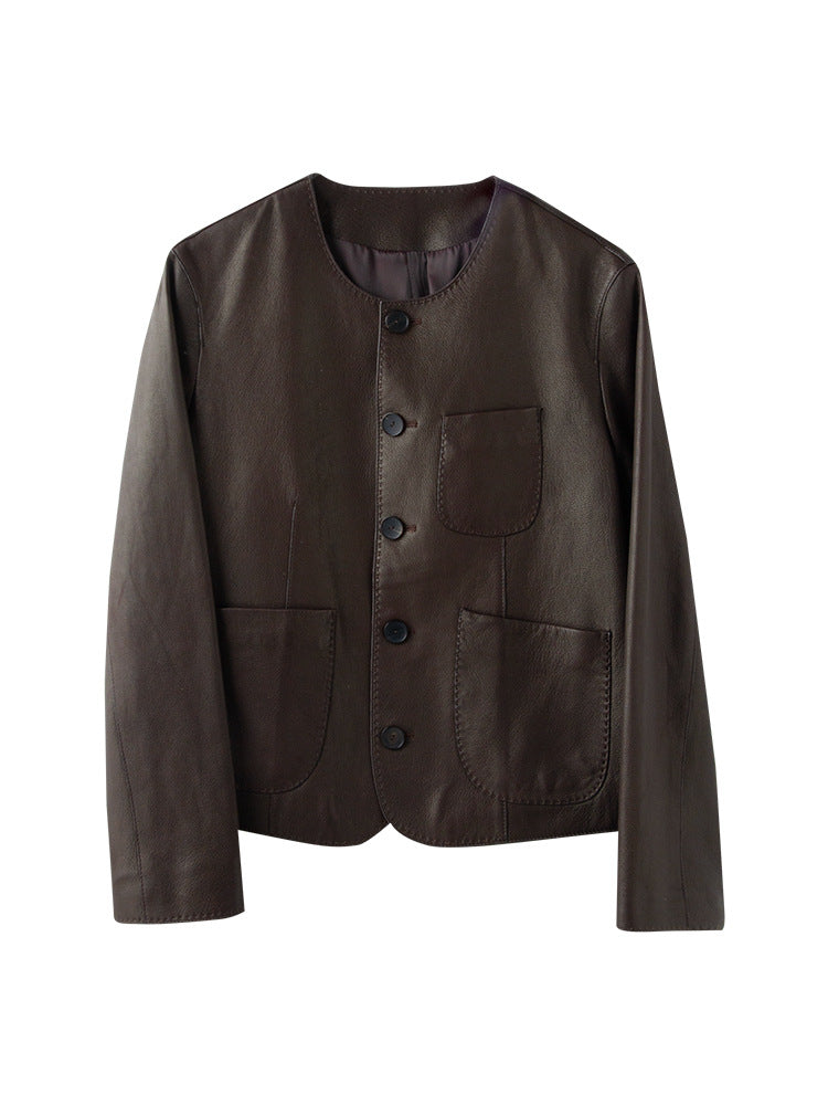 Casual Genuine Leather Clothes Women's Short Jacket Sheepskin Round Neck