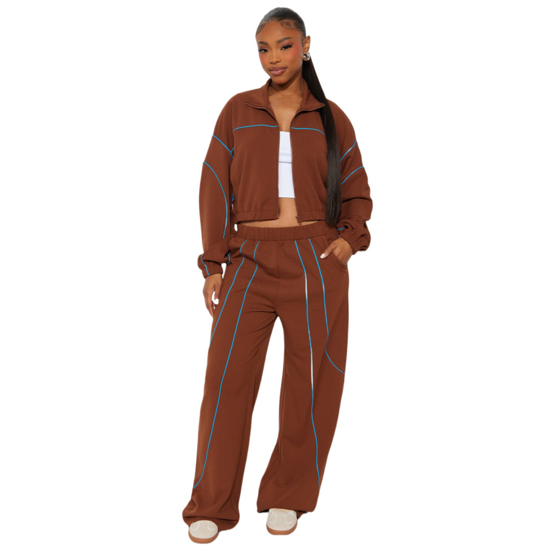 Wide-leg Color-blocked Stand-collar Two-piece Set