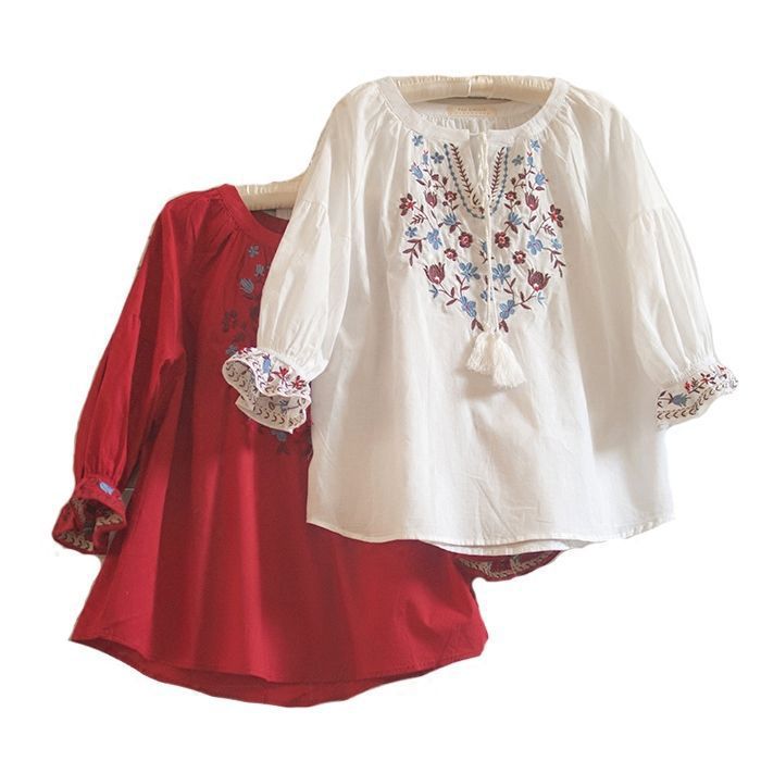 Womens Embroidered Lace-Trimmed Collar Puff-Sleeve TopBlouse