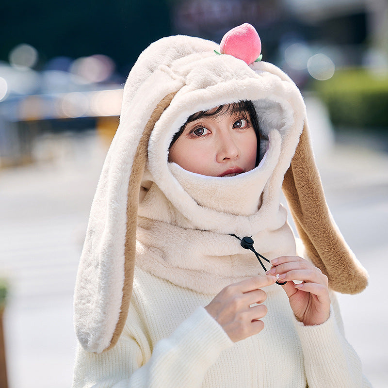 Winter Warm Peach Rabbit Mask Hat Scarf Integrated