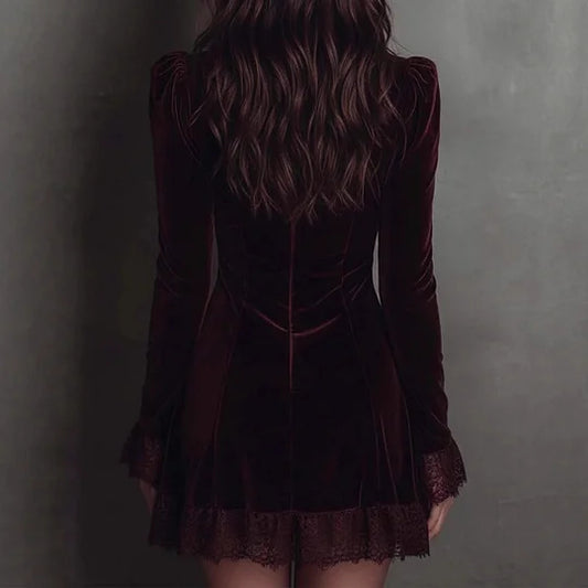 Deep Plum Velvet Lace Trimmed Bodycon Dress With Flared Hem