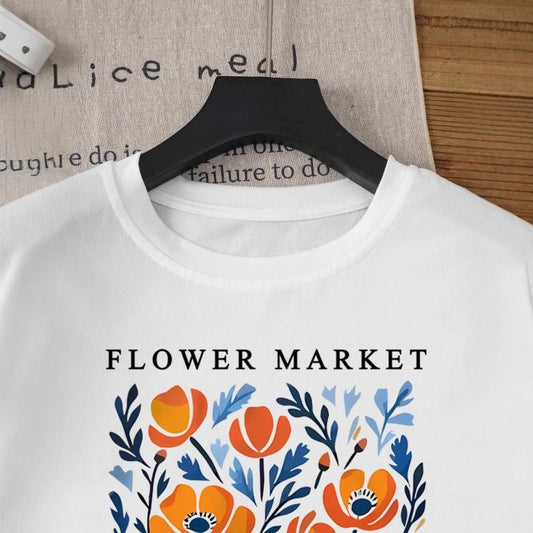 Round Neck Short Sleeve Flower Letter Pattern Printed Summer New T-shirt Women's Shirt