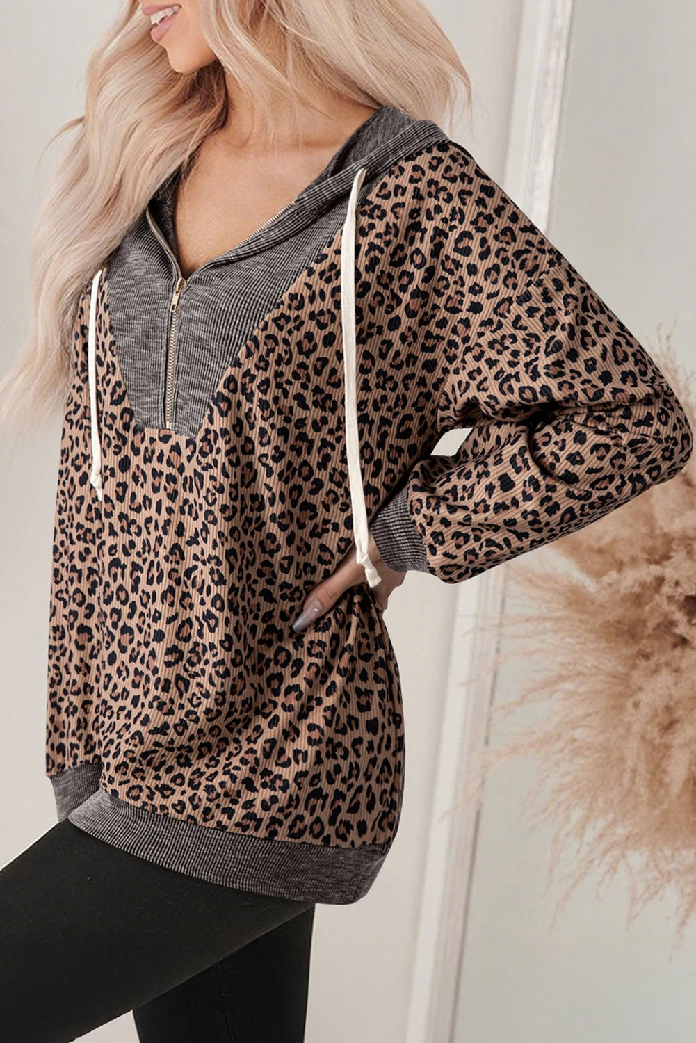 Khaki Ribbet Leopardprint Kontrastfarvet Krave Med Lynlås Hættetrøje