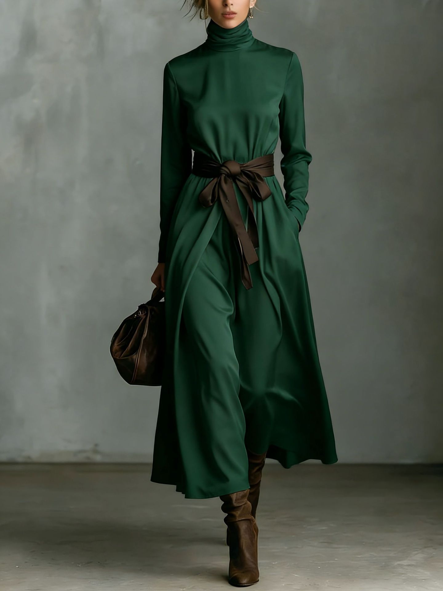 Mid-length Long-sleeve Dress With A Contrasting Belt