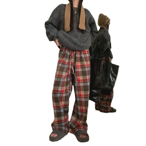 Womens Retro Plaid Padded Casual Straight-Leg Pants