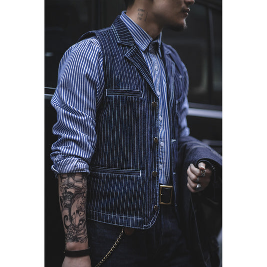 Fall And Winter Lapels Loose Striped Denim Vest