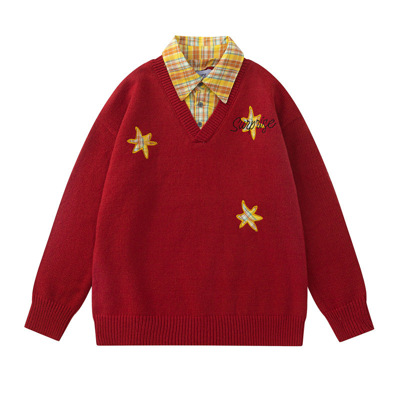 Retro Plaid Patchwork Mock Two-Piece Letter And Star Embroidered Sweater