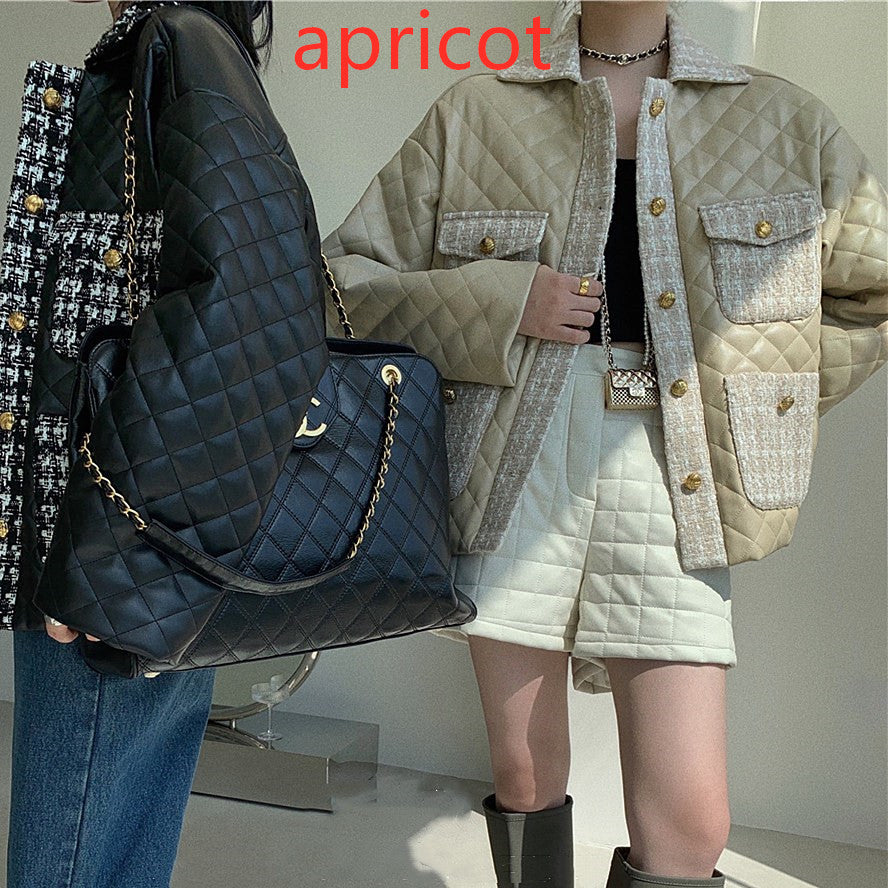 Small Fragrant Tweed Diamond Plaid Pu Leather Cotton Jacket Women's Lapel Jacket
