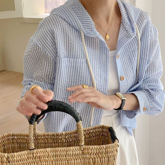Single-breasted Striped Contrast Color Short Loose Long Sleeves Sun Protection Hooded Shirt