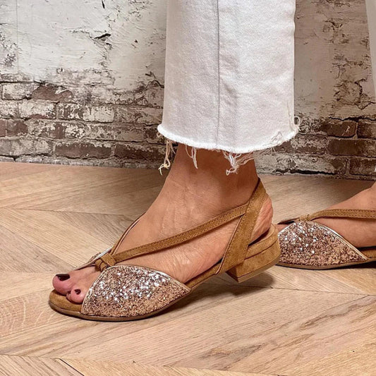 Brown Suede Glitter Embroidered Peep Toe Sandals