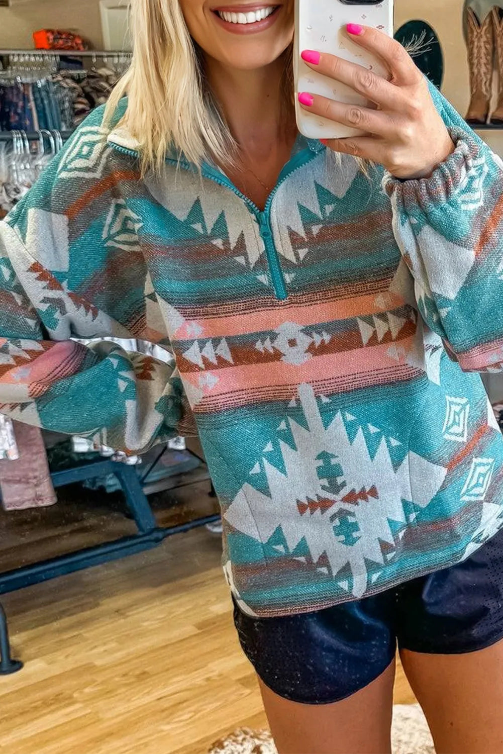 Grøn Quarter Zip Sweatshirt med Elastikmanchetter og Aztekermønster
