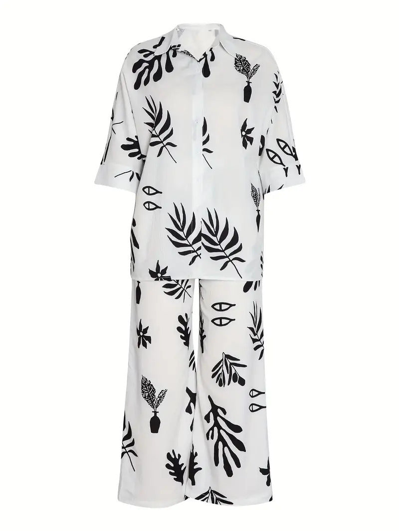 Casual Plant-patterned Short-sleeve Set