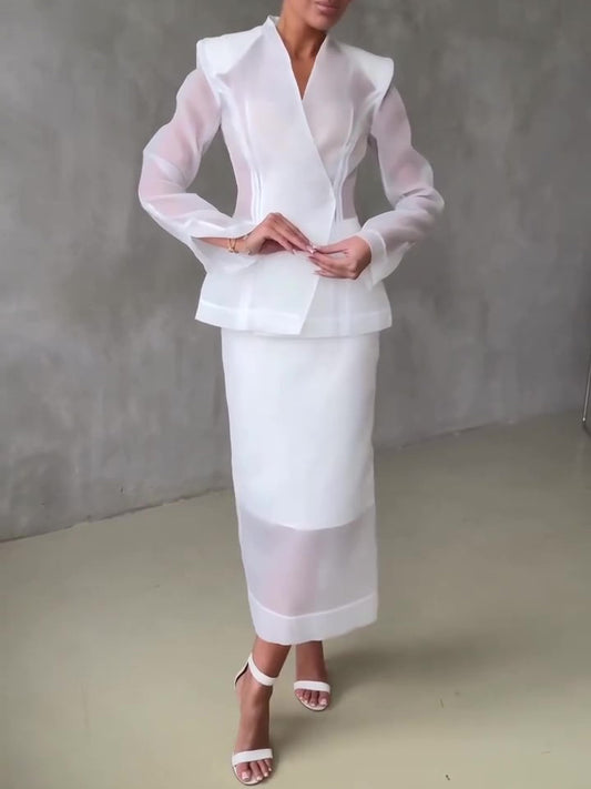 White Organza Tailored Blazer & Sheer Midi Skirt 2-Piece Set
