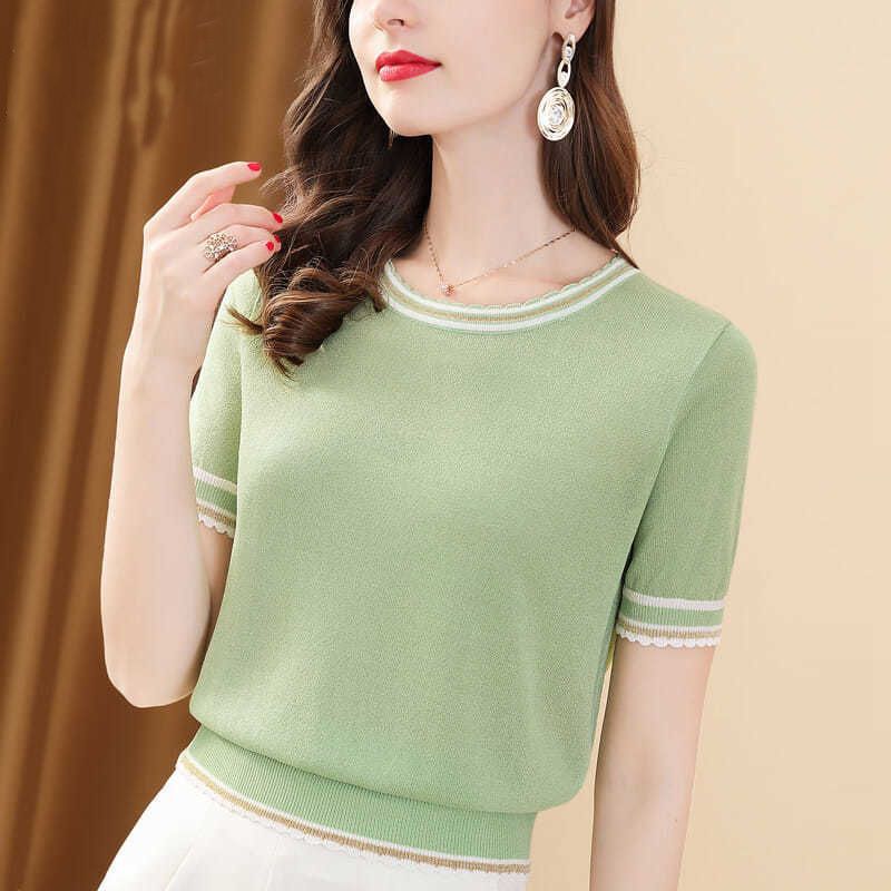 Ice Silk T-shirt Short-sleeved Women's All-match Round Neck Sweater