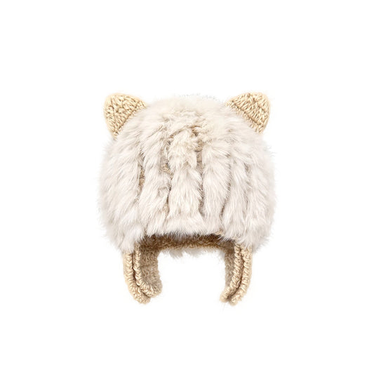Japanese Cute Cat Ears Plush Rabbit Fur Knitted Sleeve Cap Female
