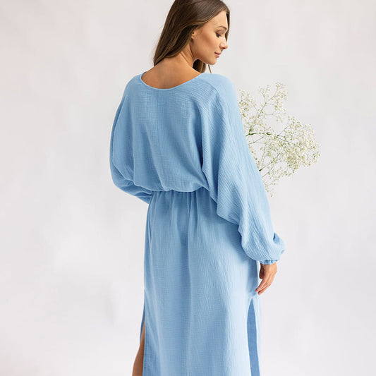 Blue Casual Chic Long-sleeve Maxi Nightgown