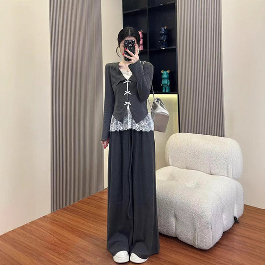 Temperament Lace Cardigan Top Slimming Wide-leg Pants Two-piece Set
